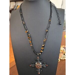 Chicos Black Amber Beaded Cross Pendant Necklace Gunmetal Tone Double Strand
